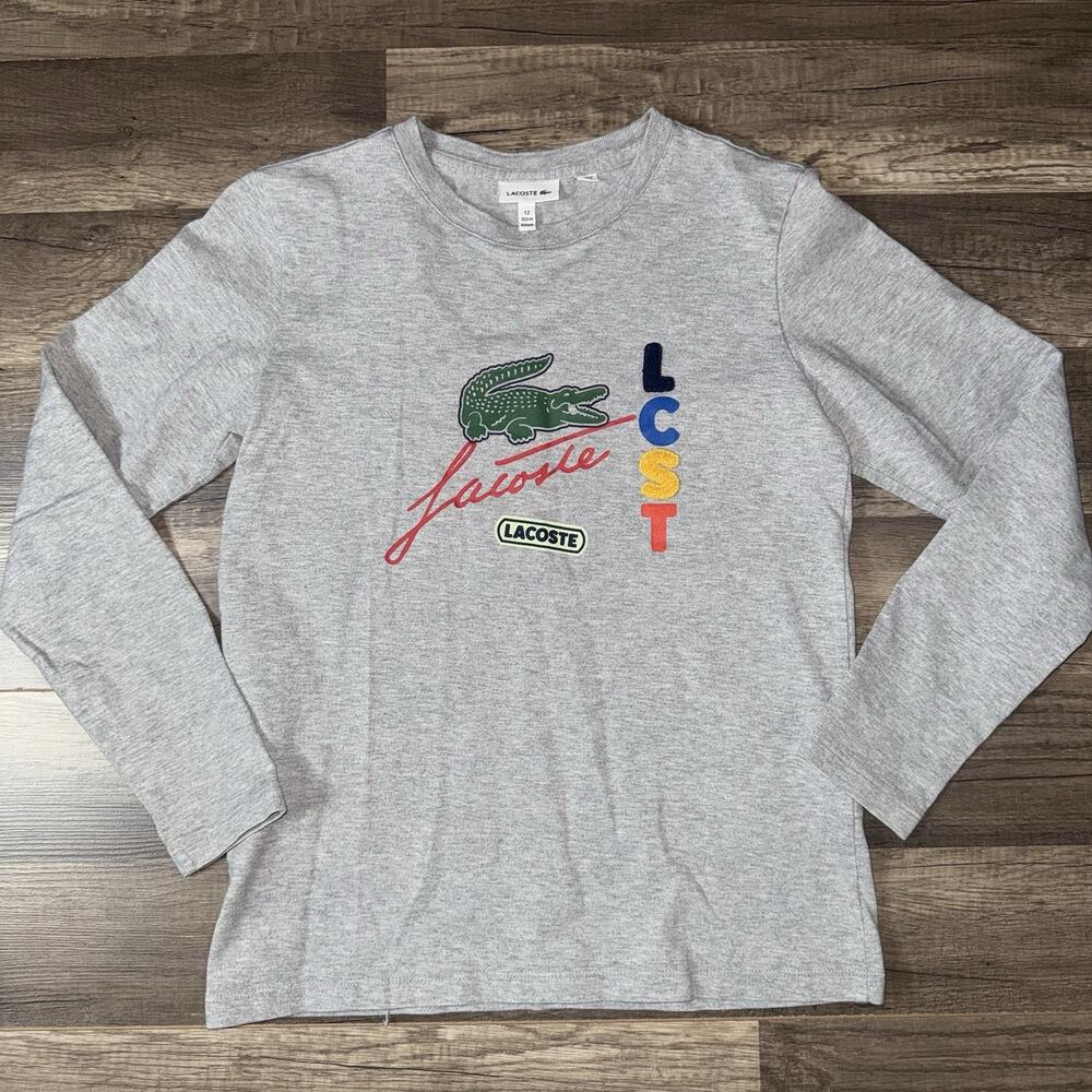 Lacoste Big Boy’s Long Sleeve 1 Croc Graphic Tee Gray Sz 12